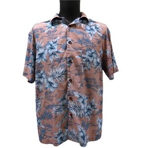 Milano Bay Men’s Medium Hawaiian Shirt Mauve Pink Blue Hibiscus Floral Button Up